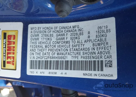 2019 Honda Civic Lx из США, поврежденный, VIN 2HGFC2F6XKH599921